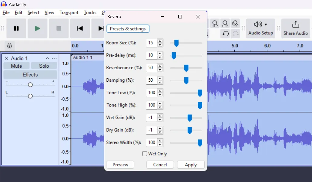 Audacity reverb window