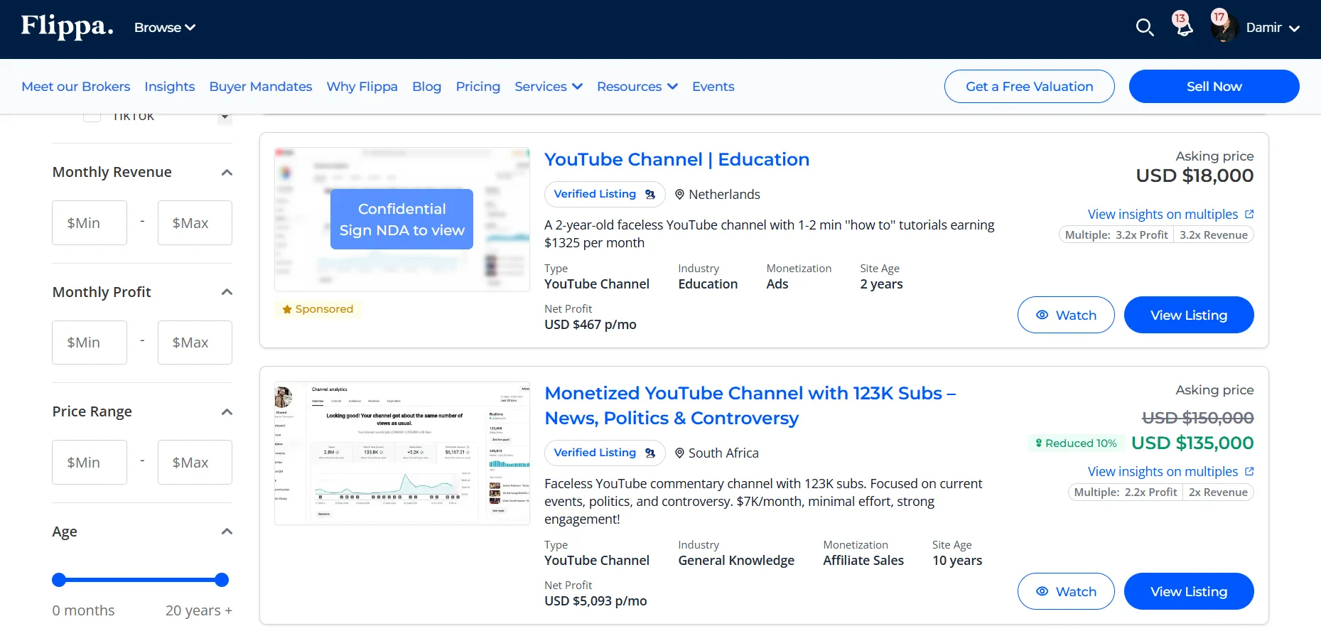 Flippa marketplace screenshot YouTube category