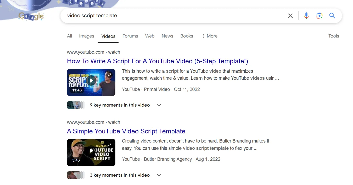 Google video search results for keyword video script template