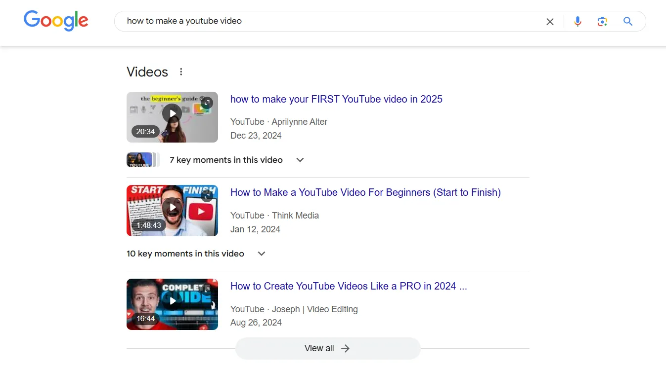 YouTube video spots on Google search results
