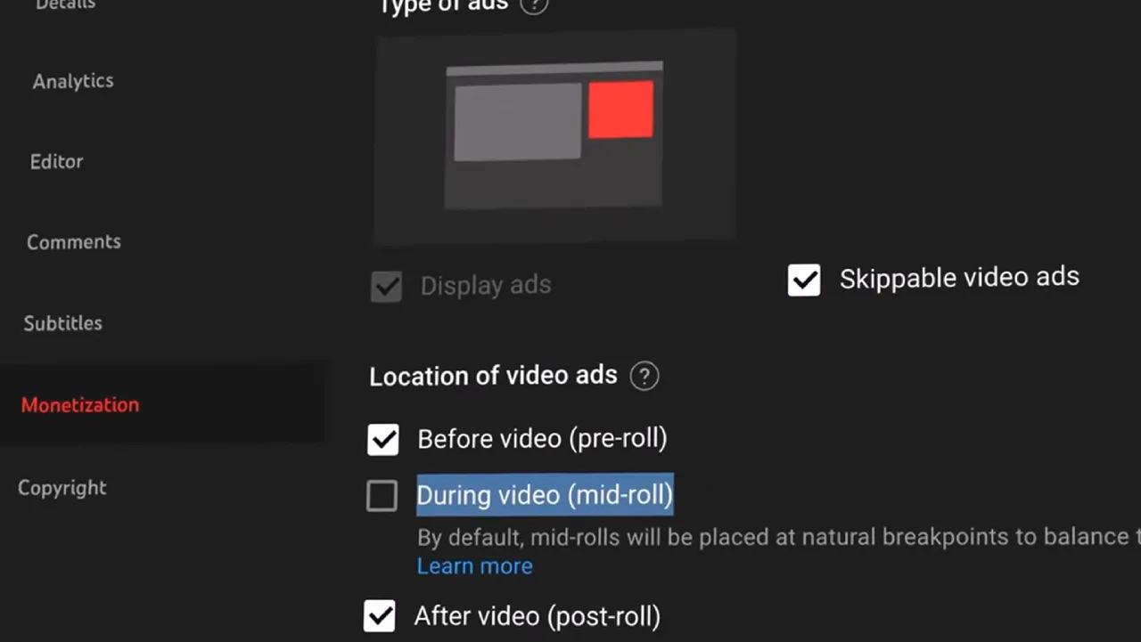 Mid-roll ads setting in monetization dashboard