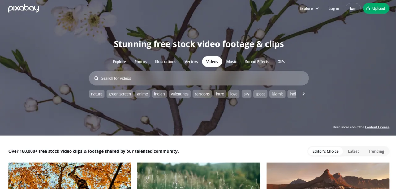 Pixabay videos page screenshot