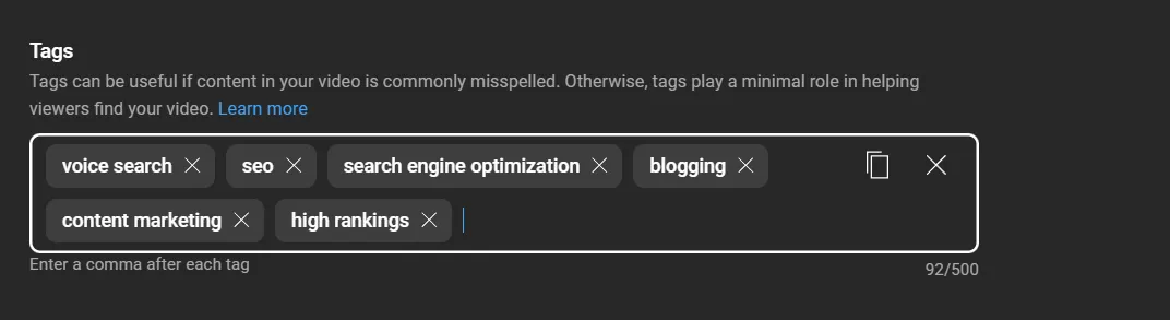 Video tags on YouTube video details page