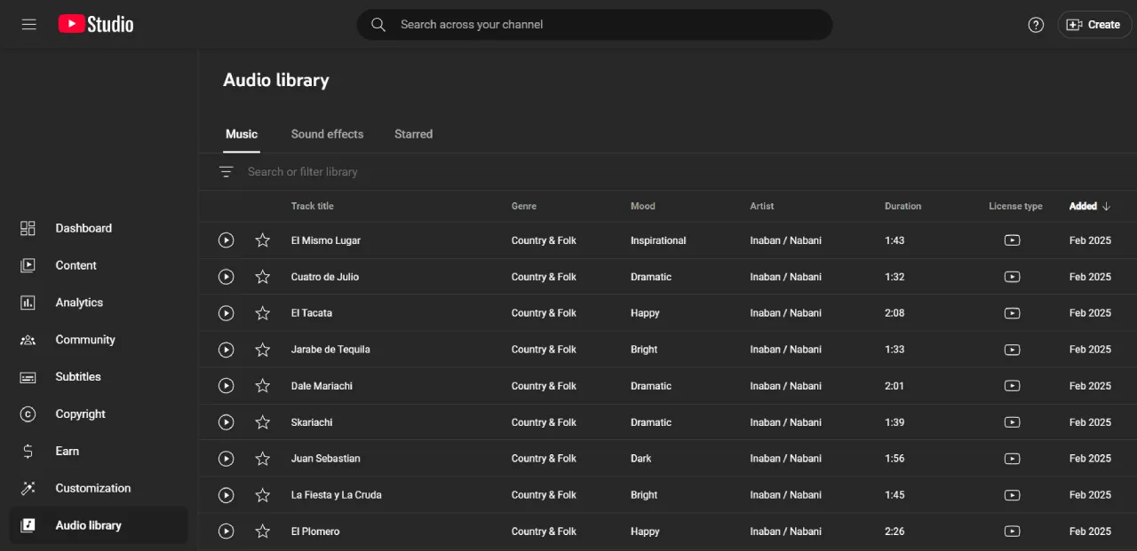 YouTube Audio Library screenshot