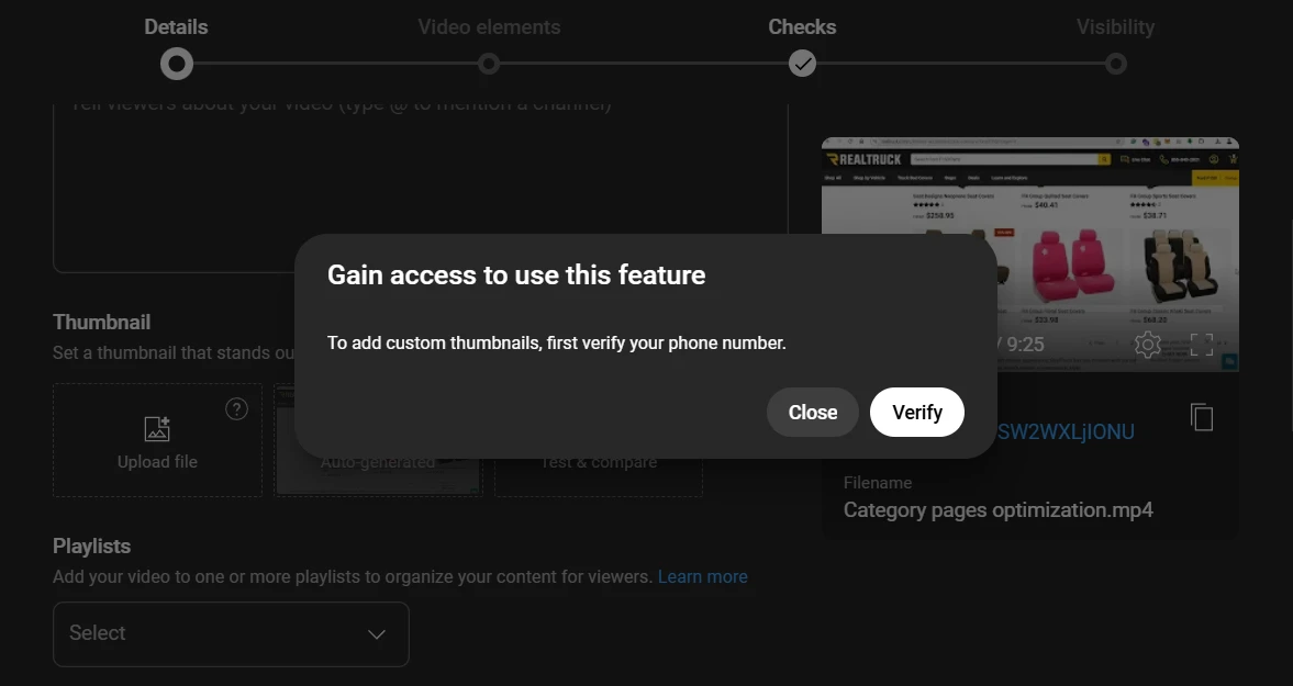 YouTube channel verification prompt